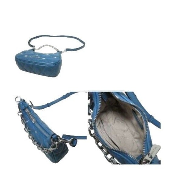 New Michael Kors Cora Extra-Small Quilted Shoulder Bag Mini Zip Pouchette Teal - Picture 6 of 6